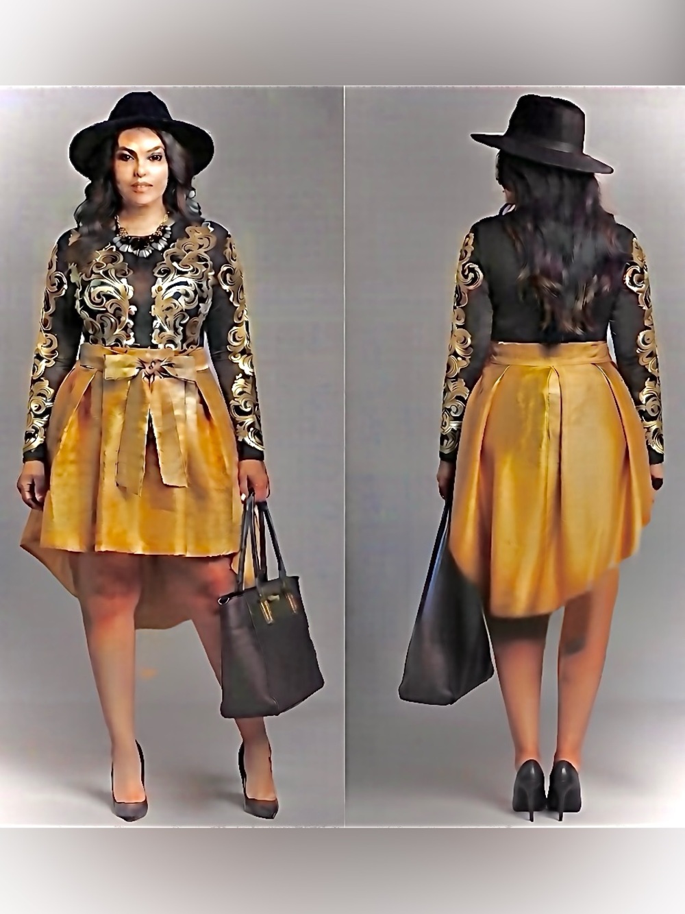 Touch Me Gold High-Low Skirt with Bow Waist - Size Large